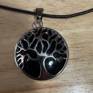 Silver Tree of Life Pendant Necklace in Black